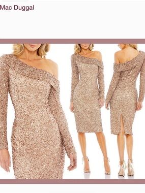 Mac Duggal Rose Gold One-Shoulder Sequin Sheath Dress